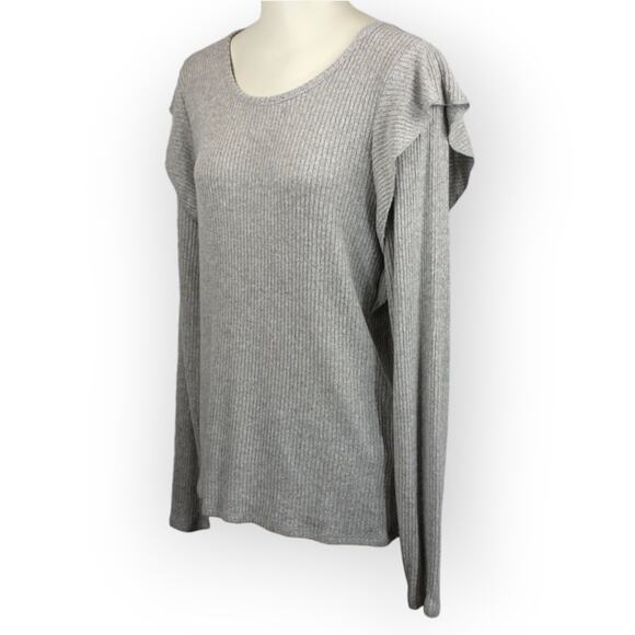 Lucky Brand XL Rib Ruffle Top Light Heather Grey Long Sleeves NEW 7W63484 $49 - Picture 2 of 12